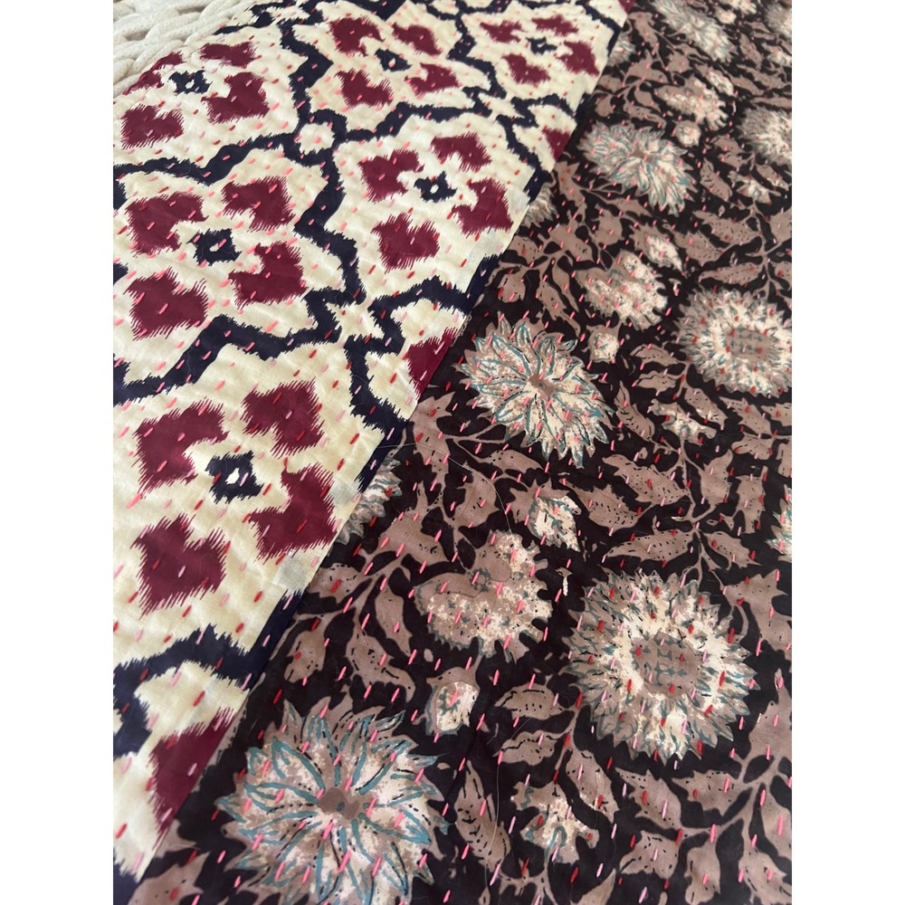 Boho Kantha Stitch Quilted Bed Runner Table Scarf Ikat Floral Tassels 90x17 - Picture 2 of 5